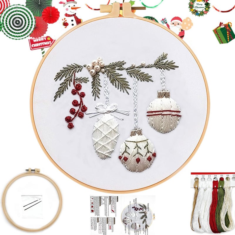 FONNUY Crewel Christmas Embroidery Kit for Beginners, Cross Stitch Set Winter Snow Scene Pine Owl Pattern for Adults, Easy to Follow Color Thread Needlework, 8'' Hoop (Holly Bauble) - Image 1
